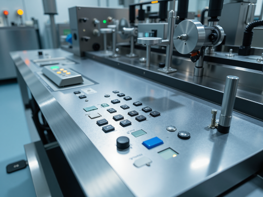 Industrial facility with automated machinery and control panels, showing modern manufacturing environment with blue sky background